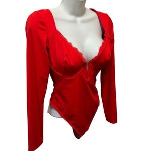 Popilush Shapewear Long Sleeve Lace Trim V-Neck Slimming Bodysuit Sz M/4-6 Red